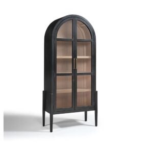 Vitrina de Roble Negro con Puertas de Cristal y Diseño Arqueado