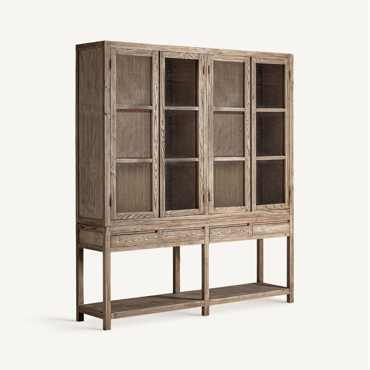 Vitrina Grande de Madera de Olmo con Cuatro Puertas y Cajones