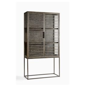 Vitrina de Roble Grisáceo con Puertas de Listones y Base de Metal