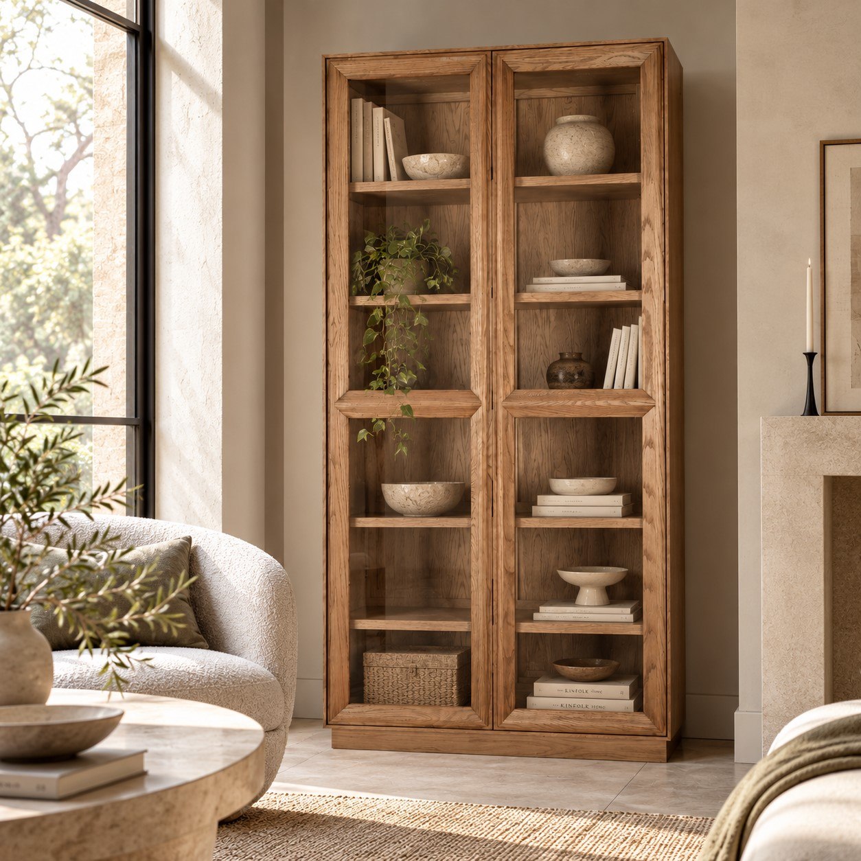 Vitrina de Roble Natural con Dos Puertas de Cristal - Imagen 6