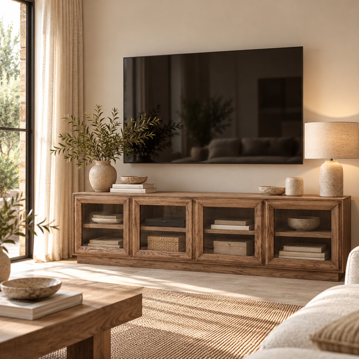 Mueble de TV de Roble Natural con Cuatro Puertas de Cristal - Imagen 5